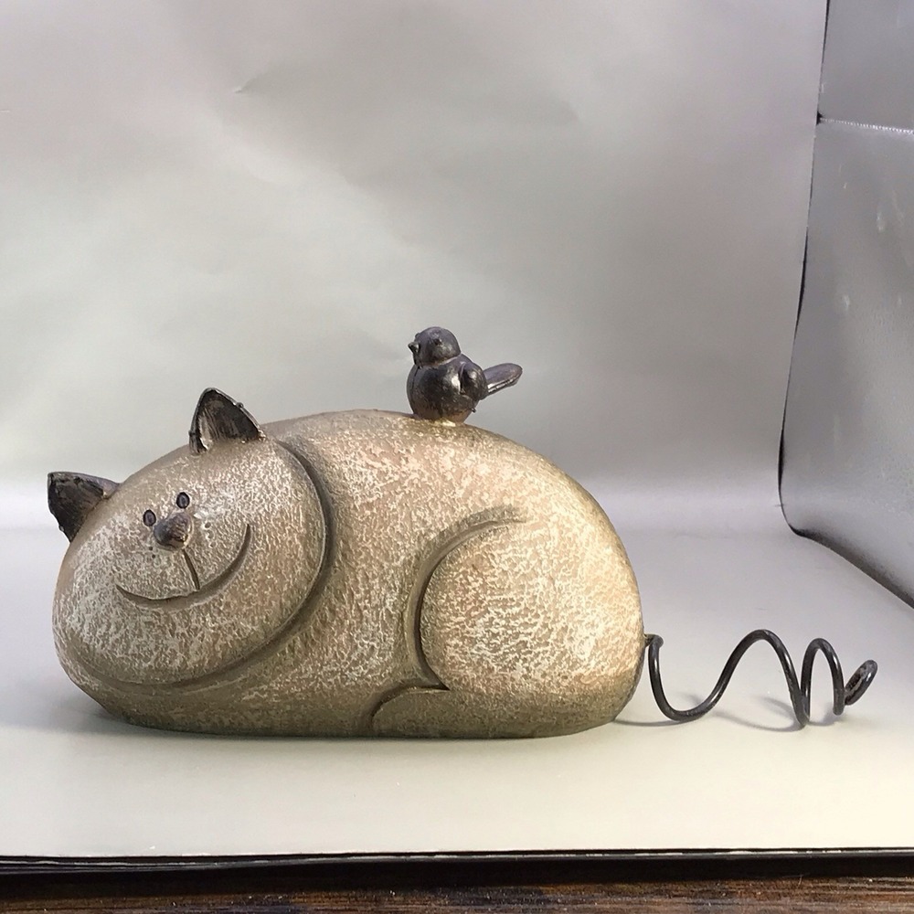 Resin Kitty With Curly‎ Tail And A Bird On His Back Cat